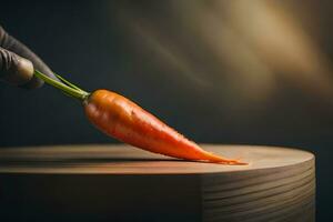 un' persona Tenere un' carota su un' di legno tavolo. ai-generato foto