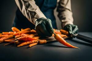 un' persona nel guanti taglio carote su un' tavolo. ai-generato foto