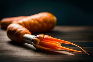 un' carota con suo testa tagliare via su un' tavolo. ai-generato foto