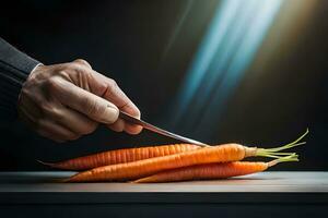 un' persona taglio un' carota con un' coltello. ai-generato foto