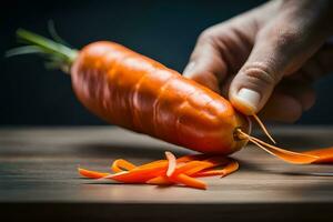 un' persona è taglio un' carota con un' coltello. ai-generato foto