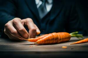 un' uomo nel un' completo da uomo è Tenere un' carota. ai-generato foto