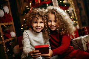 carino bambini prendere autoscatto nel decorazione Natale camera. creare ai foto