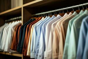classico Uomini colorato camicie su mensola boutique. creare ai foto