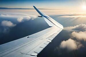 un aereo ala è visto volante al di sopra di il nuvole. ai-generato foto