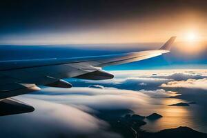 un aereo ala è visto volante al di sopra di il oceano e nuvole. ai-generato foto