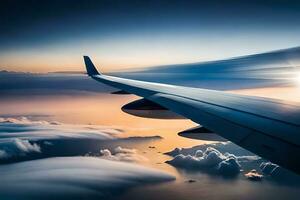 un aereo ala è visto volante al di sopra di il nuvole. ai-generato foto