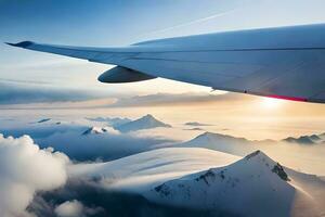 un aereo ala volante al di sopra di un' montagna gamma. ai-generato foto