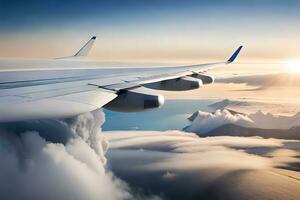 un aereo ala volante al di sopra di nuvole a tramonto. ai-generato foto