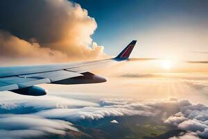 un aereo ala volante al di sopra di il nuvole a tramonto. ai-generato foto