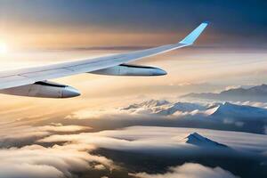 un aereo ala volante al di sopra di un' montagna gamma. ai-generato foto