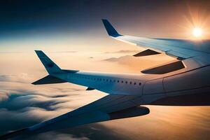 aereo ala volante al di sopra di nuvole a tramonto. ai-generato foto