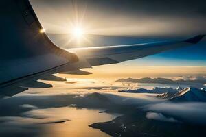 il sole è splendente attraverso il finestra di un aereo. ai-generato foto