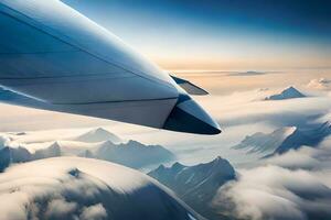 un aereo ala è volante al di sopra di un' montagna gamma. ai-generato foto