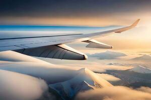 un aereo ala volante al di sopra di un' montagna gamma. ai-generato foto