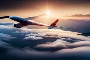 un aereo volante al di sopra di il nuvole a tramonto. ai-generato foto