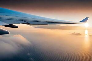 un aereo ala è volante al di sopra di il oceano a tramonto. ai-generato foto