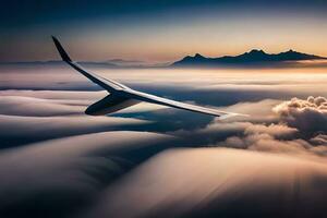 un' aereo volante al di sopra di il nuvole a tramonto. ai-generato foto