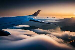 un aereo ala è volante al di sopra di il nuvole a tramonto. ai-generato foto