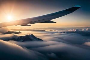 un aereo ala volante al di sopra di nuvole e montagne. ai-generato foto