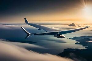 un' grande aereo volante al di sopra di il oceano a tramonto. ai-generato foto