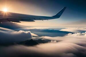 un aereo ala è volante al di sopra di nuvole e montagne. ai-generato foto