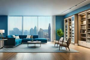 moderno vivente camera con blu muri e di legno piani. ai-generato foto