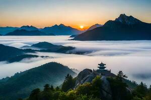 il Alba al di sopra di il montagne e nebbia. ai-generato foto