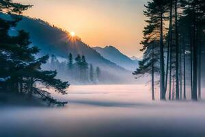 un' nebbioso mattina nel il montagne con alberi e sole. ai-generato. ai-generato foto