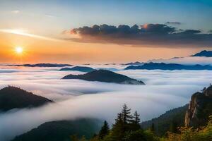 Alba al di sopra di il nuvole nel il montagne. ai-generato foto