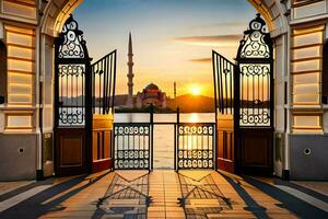 il sole imposta dietro a il blu moschea nel Istanbul. ai-generato foto