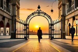 un' uomo a piedi attraverso un arcata a tramonto. ai-generato foto