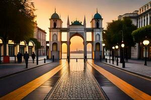 un' città strada con un' cancello a tramonto. ai-generato foto