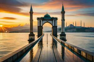 il sole imposta al di sopra di il acqua e un' ponte con Due minareti. ai-generato foto