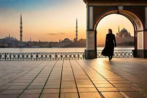 un' donna nel un' nero vestito passeggiate lungo un' passerella nel davanti di il blu moschea. ai-generato foto