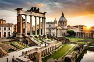 il romano Forum e tempio di Venere a tramonto. ai-generato foto