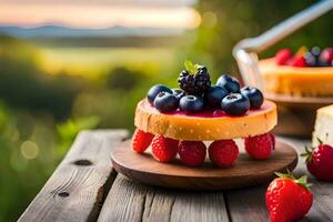 un' torta con frutti di bosco e formaggio su un' di legno tavolo. ai-generato foto