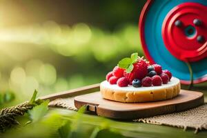 un' torta con frutti di bosco su superiore di un' di legno tavolo. ai-generato foto