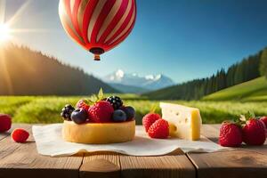 un' caldo aria Palloncino volante al di sopra di un' piatto di formaggio e frutti di bosco. ai-generato foto