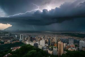 un' tempesta è visto al di sopra di un' città con un' fulmine bullone. ai-generato foto