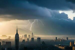 un' tempestoso cielo al di sopra di nuovo York città con fulmine. ai-generato foto