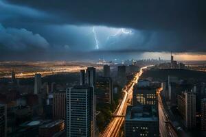 fulmine scioperi al di sopra di un' città orizzonte a notte. ai-generato foto