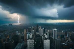 un' fulmine bullone scioperi attraverso il cielo al di sopra di un' città. ai-generato foto