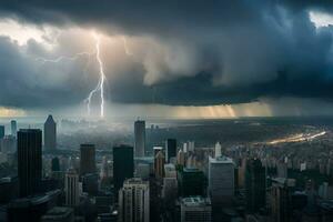 un' fulmine bullone scioperi attraverso il cielo al di sopra di un' città. ai-generato foto