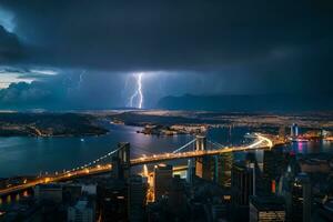 fulmine scioperi al di sopra di nuovo York città e Manhattan ponte. ai-generato foto