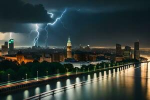 fulmine scioperi al di sopra di il città di budapest, Ungheria. ai-generato foto