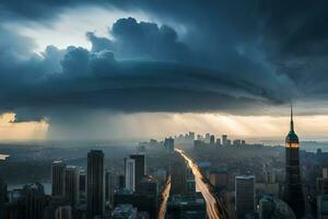 un' tempesta è visto al di sopra di il città orizzonte. ai-generato foto