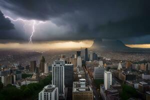 un' città con un' tempesta e fulmine al di sopra di esso. ai-generato foto