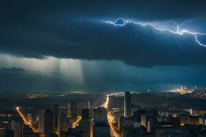 fulmine scioperi al di sopra di un' città a notte. ai-generato foto