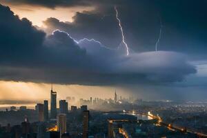 fulmine scioperi al di sopra di il città orizzonte a notte. ai-generato foto